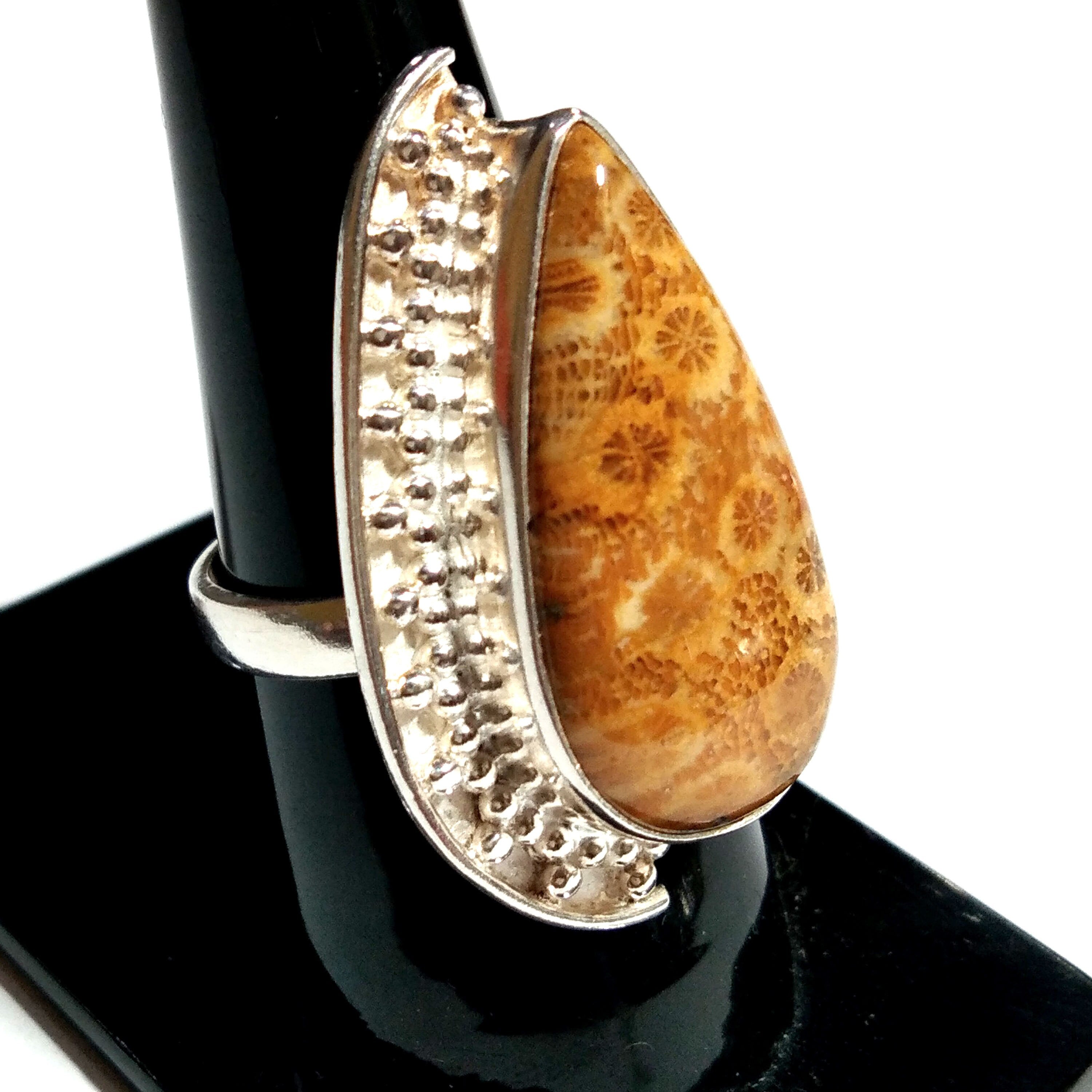 Solid 925 Starling Silver Ring, Natural Fossil Coral Gemstone Ring, Jewelry Pear Shape Stone Size 27x13 mm Handmade Jewelry Ring, Gift